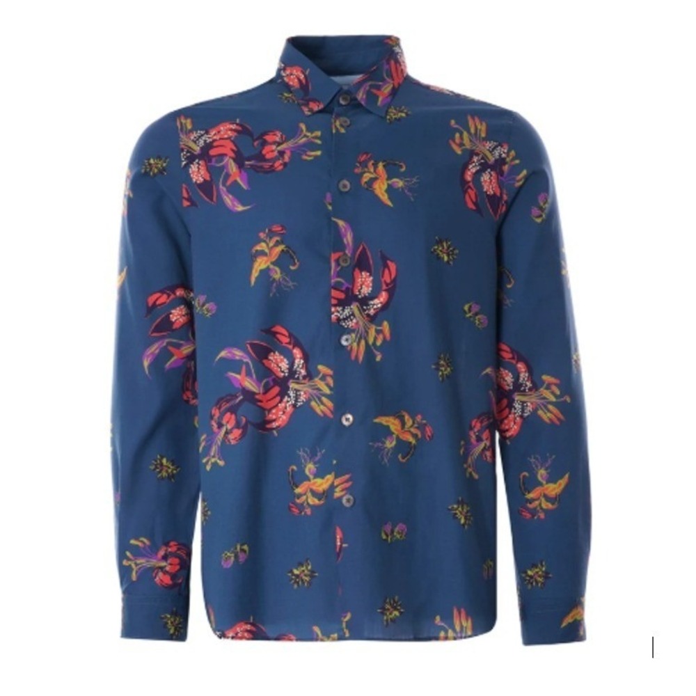 Paul Smith PS Mens Lillies Print Lyocell And Cotton Button Down Shirt Blue Large